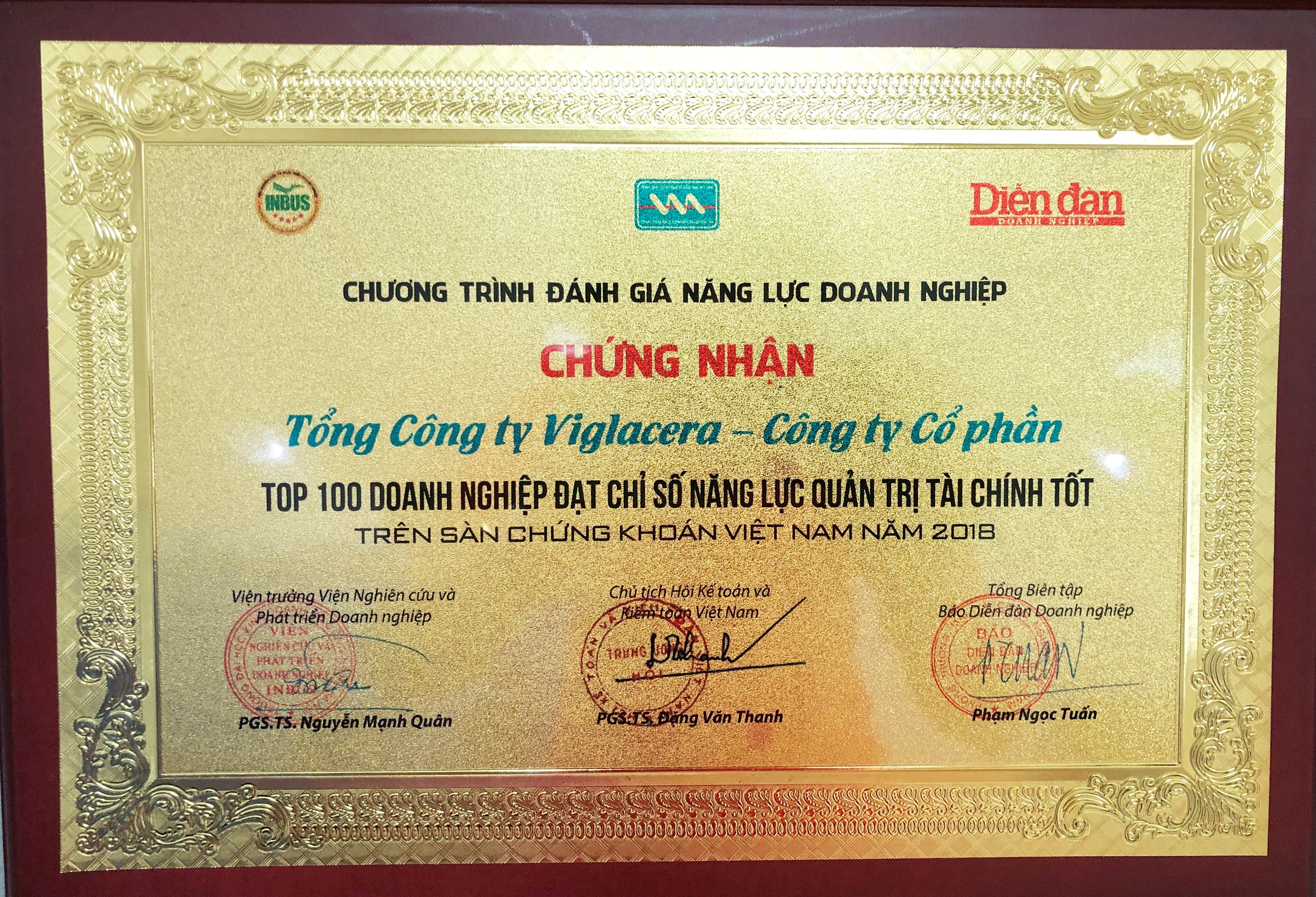 Viglacera lọt Top 100 doanh nghiệp đạt chỉ số năng lực quản trị tài chính tốt nhất trên Sàn chứng khoán Việt Nam năm 2018